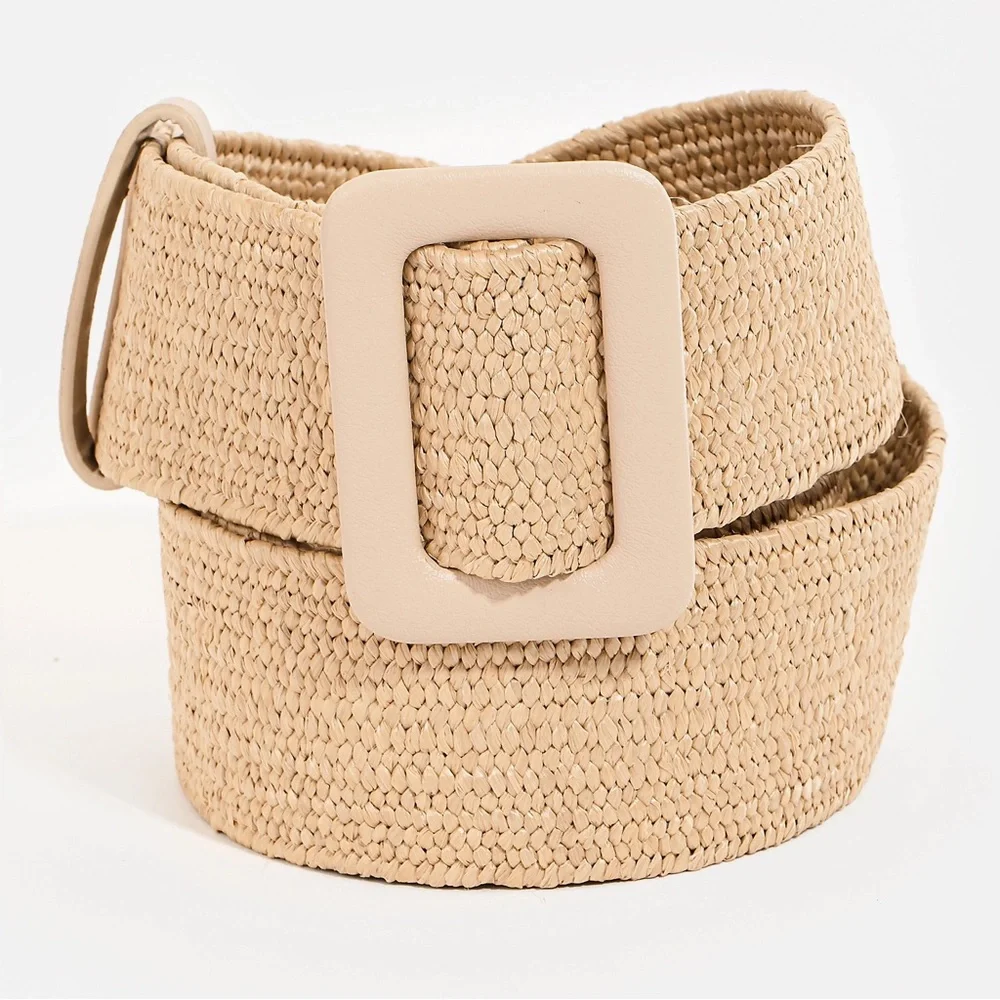 Rectangle Buckle Straw Braided Belt 3x42” | TAN